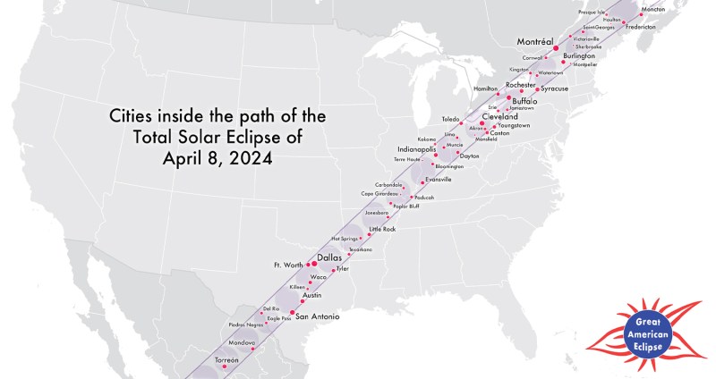 A map of the United States, northern Mexico and southern Canada shows the path of the eclipse with major cities in the path highlighted.