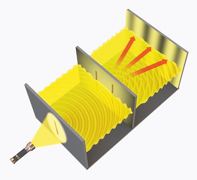 An illustration of a double slit experiment, showing light shining on a barrier with two slits, producing an pattern of light and dark stripes behind the barrier