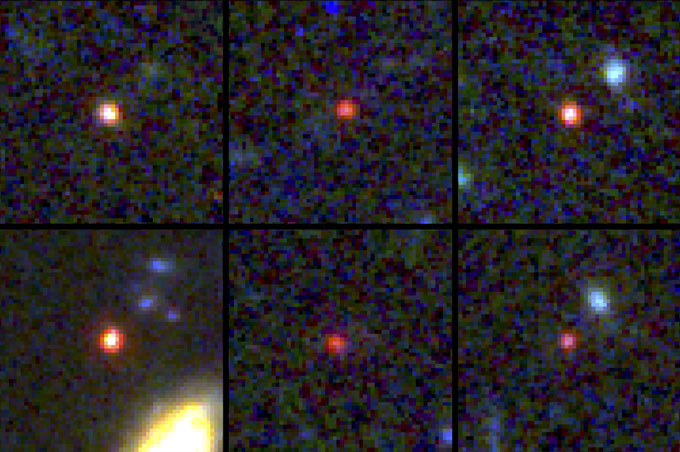 A composite shows six images of bright, red, extremely distant galaxies