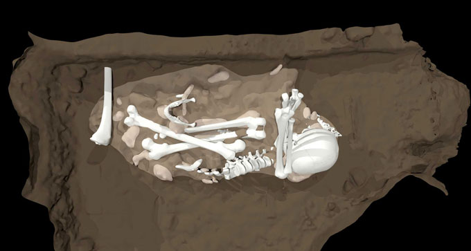 A reconstruction of a grave including adult Homo naledi bones