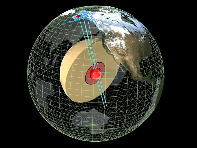 A diagram showing a see-through globe with Earth's core in the center and the location of an earthquake in Alaska on the surface. Blue lines connect the core to the earthquake location.