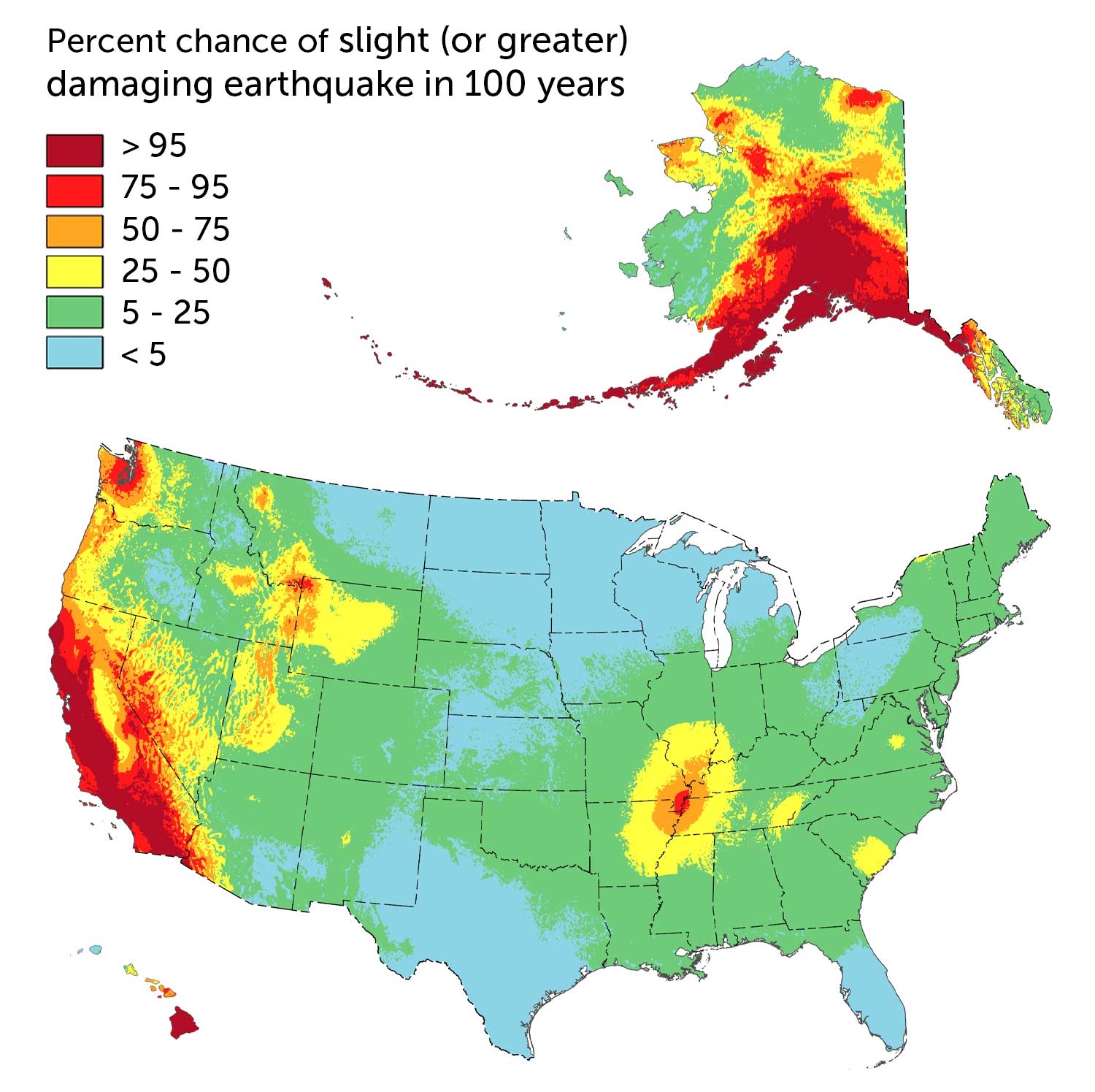 A rainbow-colored map showing where there is hazard of a damaging earthquake in the United States.