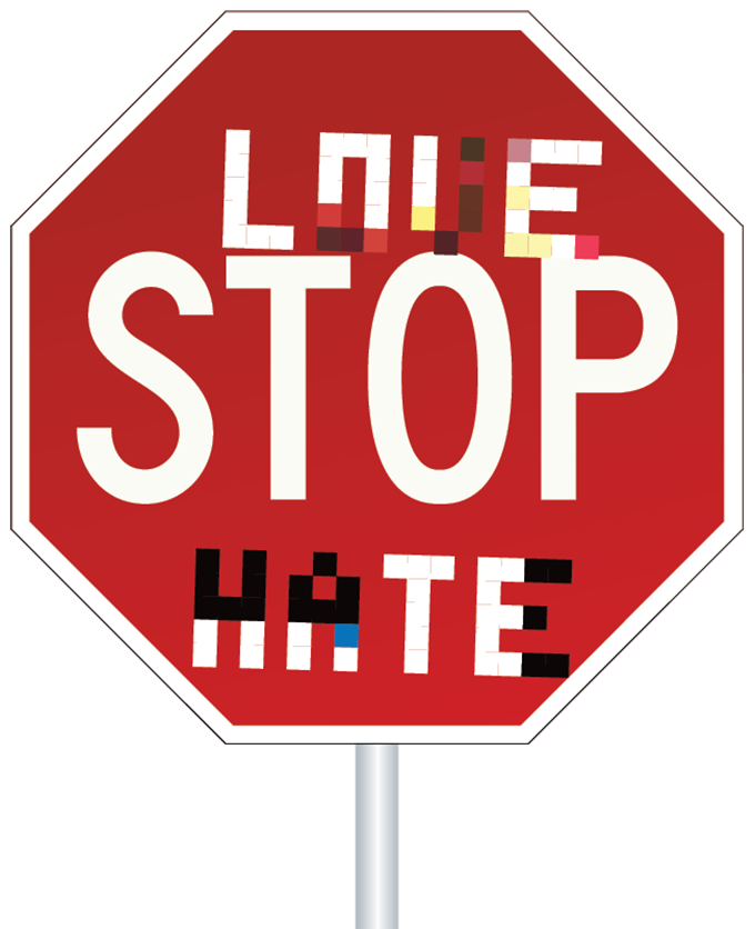 A stop sign icon with stickers that say "Love" and "Hate" above and below the word "Stop" respectively.