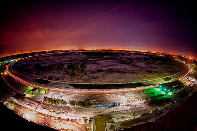 Aerial photo of Fermilab’s Tevatron particle collider