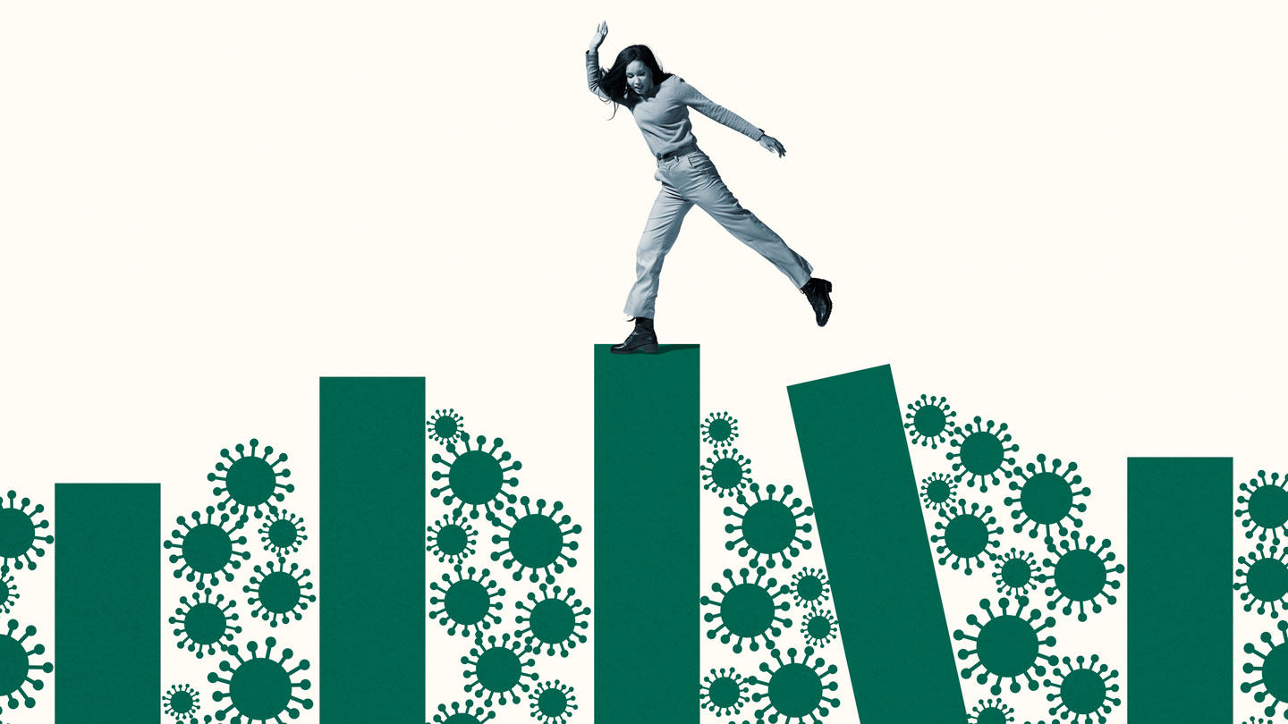 Photo: sciencenews.org Illustration of a woman balancing on green columns that appear to be wobbling. Blown-up icons of coronavirus fill the spaces