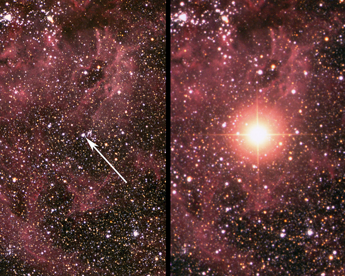Two side-by-side images of the same area of sky. The one on the left has an arrow pointing to a star before it went supernova. In the image on the right, that same star now is much bigger and brighter, revealing the explosion.
