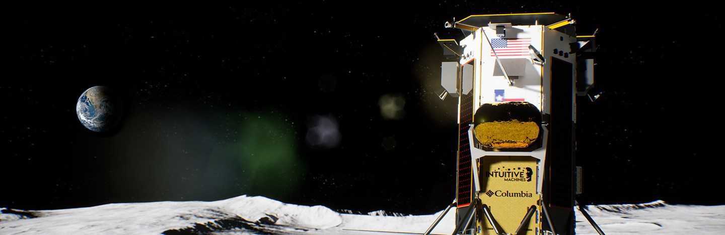 Illustration of a spacecraft on the moon's surface with Earthrise in the background.