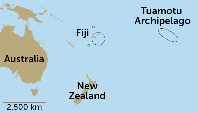 A map of the South Pacific Ocean that shows Australia, New Zealand, Fiji and the Tuamotu archipelago.