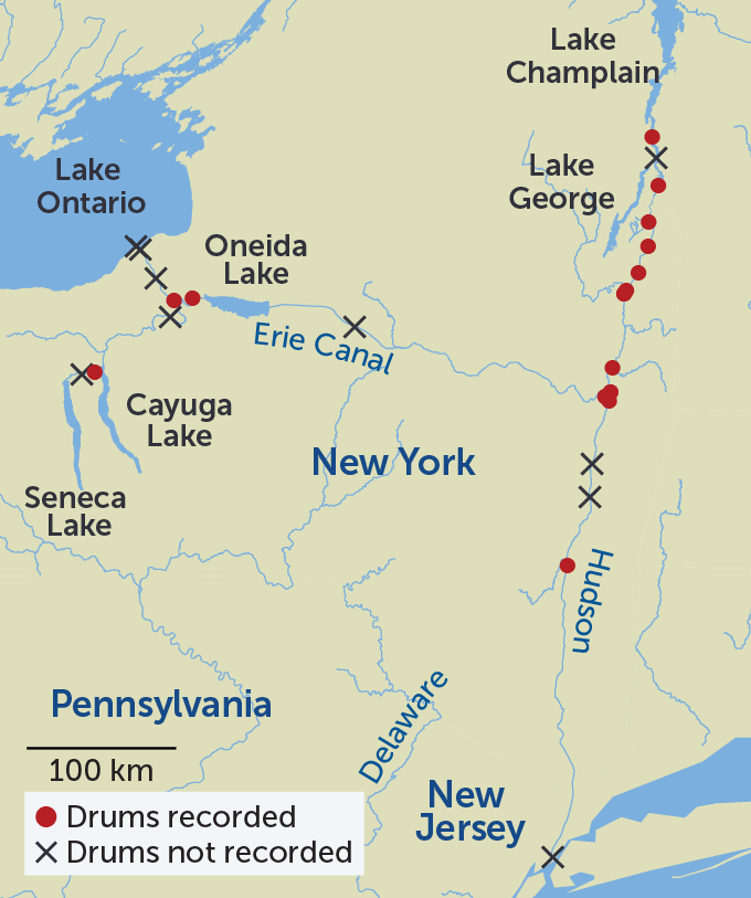 A map shows places where drums were recorded marked by a red dot and places where drums were not recorded marked by an "X" in lakes and waterways around the Great Lakes. A string of red dots appears along the Hudson River south of Lake Champlain.