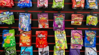 Colorful bags of delta-8 products are hung in a story display. The products' packaging includes knock offs of Doritos, Life Savers, Ruffles and Oreos.