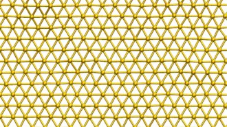 A lattice of gold-colored spheres, with each sphere connected by lines to six of its neighbors