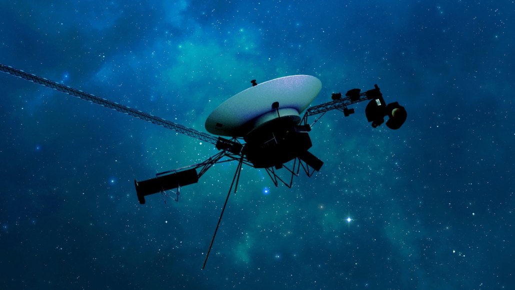 NASA's Voyager 1 spacecraft is illustrated against and blue starry background.