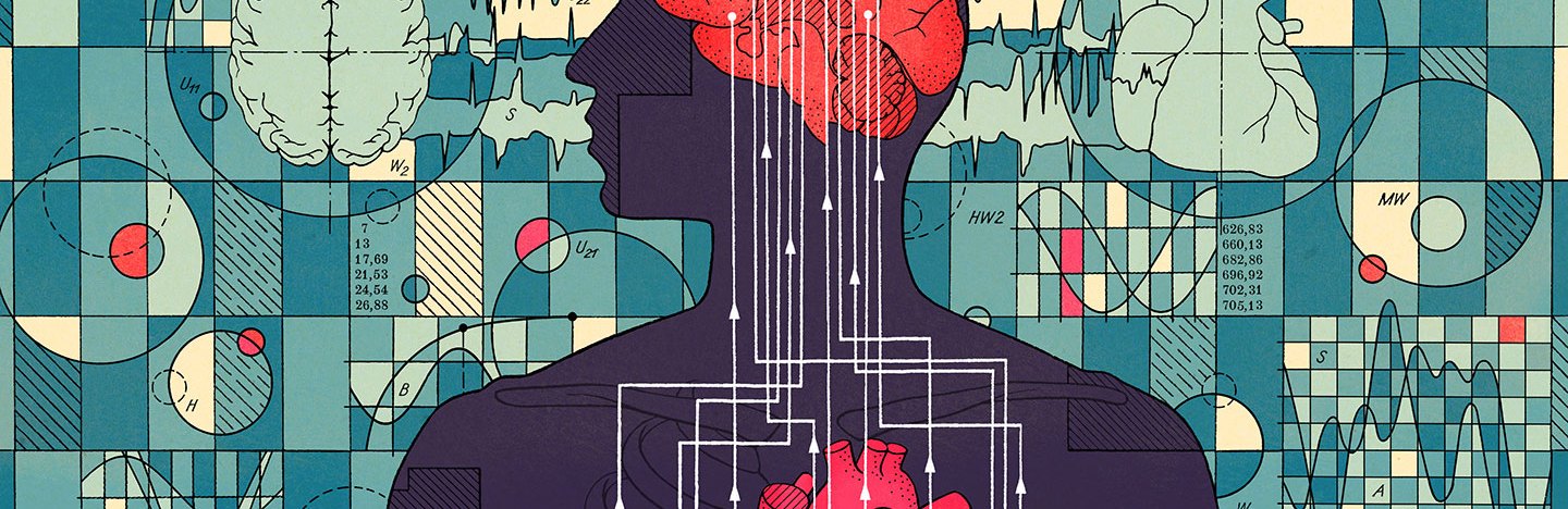 Illustration of the human body from the chest up showing connections between the brain and heart, with additional brain and heart iconography in the background
