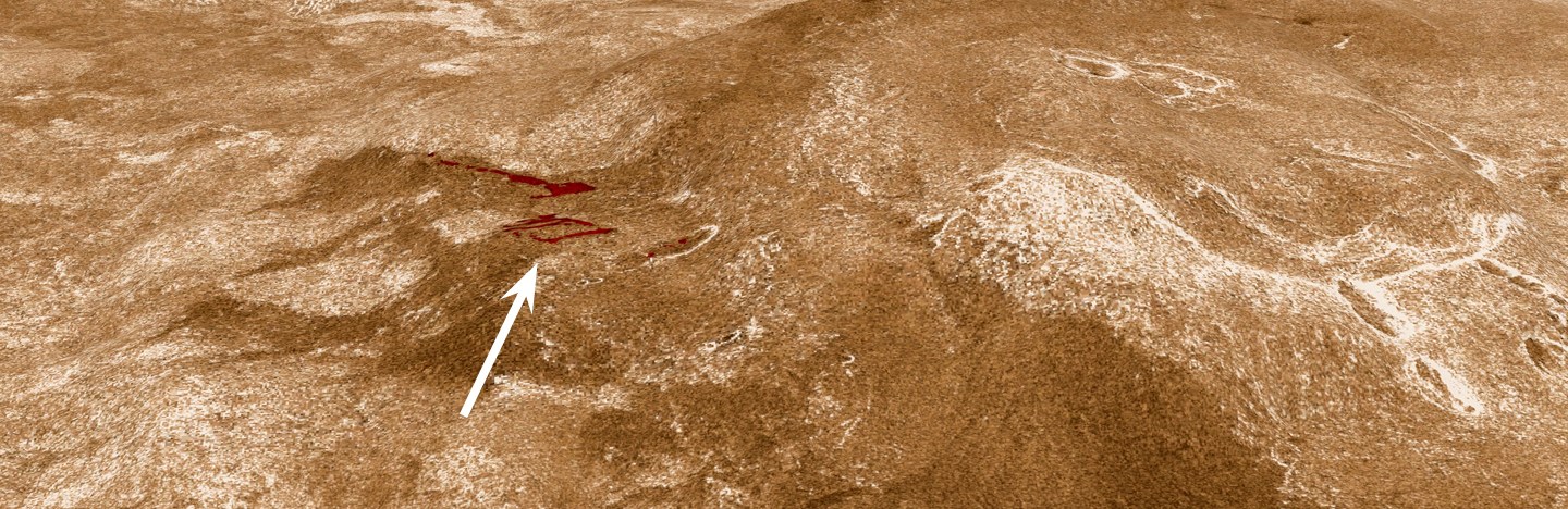 Sif Mons on Venus with recent lava flow (arrow)