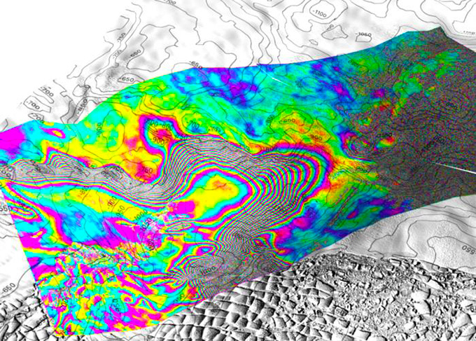 A multicolored pattern overlaid atop a contour map of Thwaites glacier