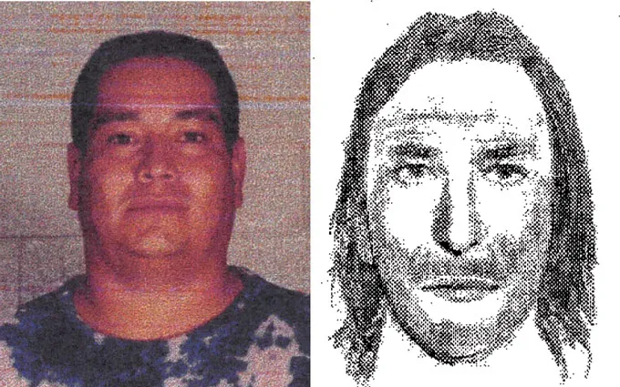 A side-by-side of a photograph of a Latino man with short dark hair next to a crime scene illustration of a white man with long hair