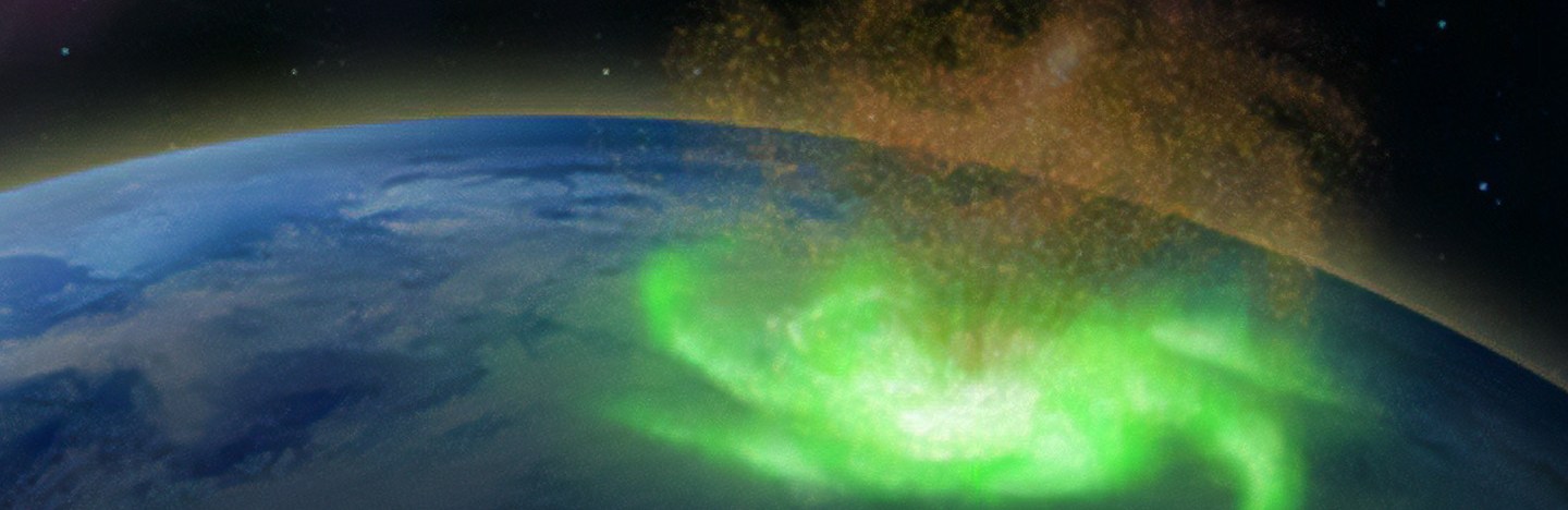 illustration of a green cyclone-shaped aurora near Earth's north magnetic pole
