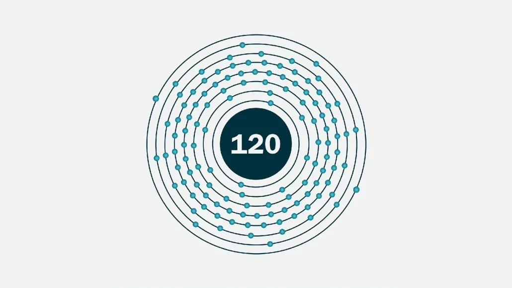 An illustration of element 120 shows 120 electrons arranged around a nucleus.