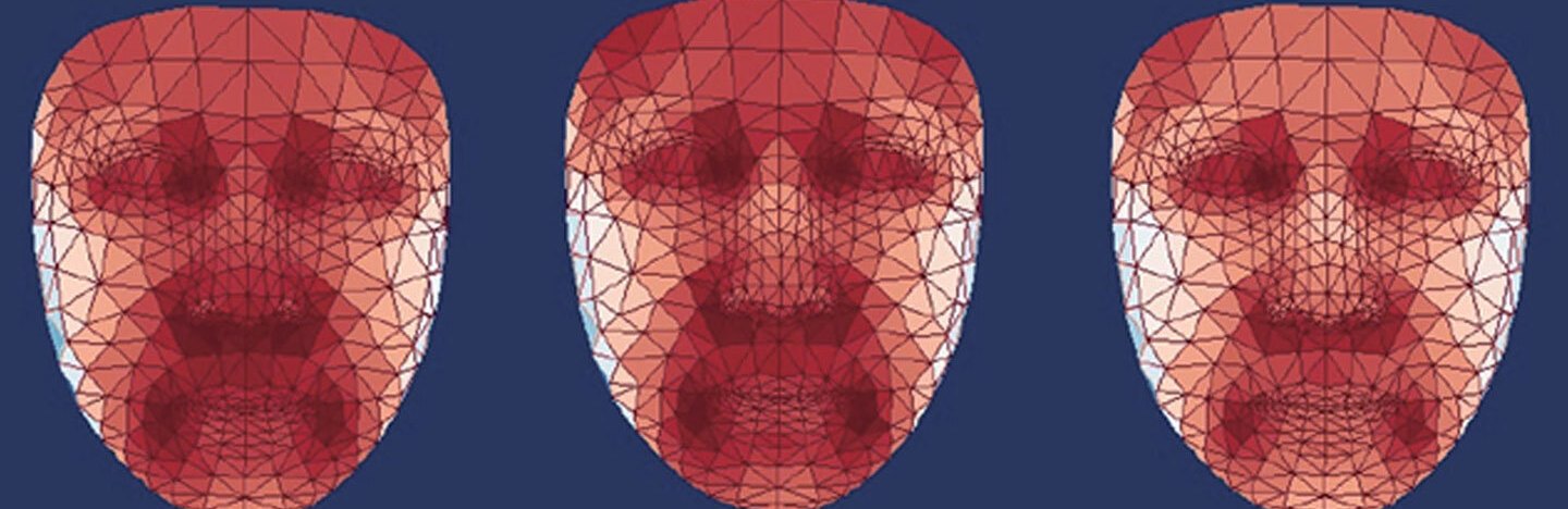 A blue background with three face heat maps in front of it