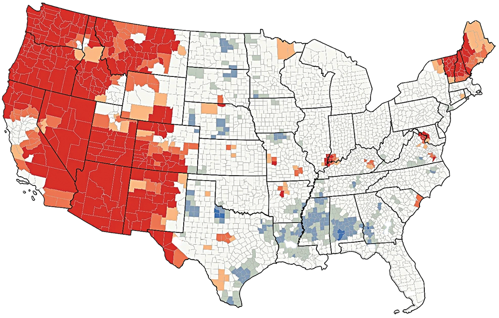 A map of the United States by counties with most of the West in red