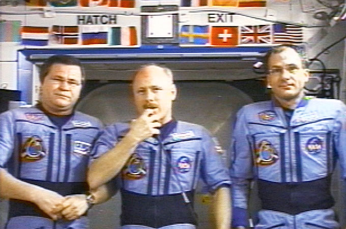 Cosmonaut Nikolai Budarin and U.S. astronauts Ken Bowersox and Don Pettit on the International Space Station