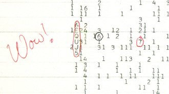 A piece of paper with strings of numbers and letters printed on it, with one line circled in red pen and "Wow!" written in that same pen in the margin