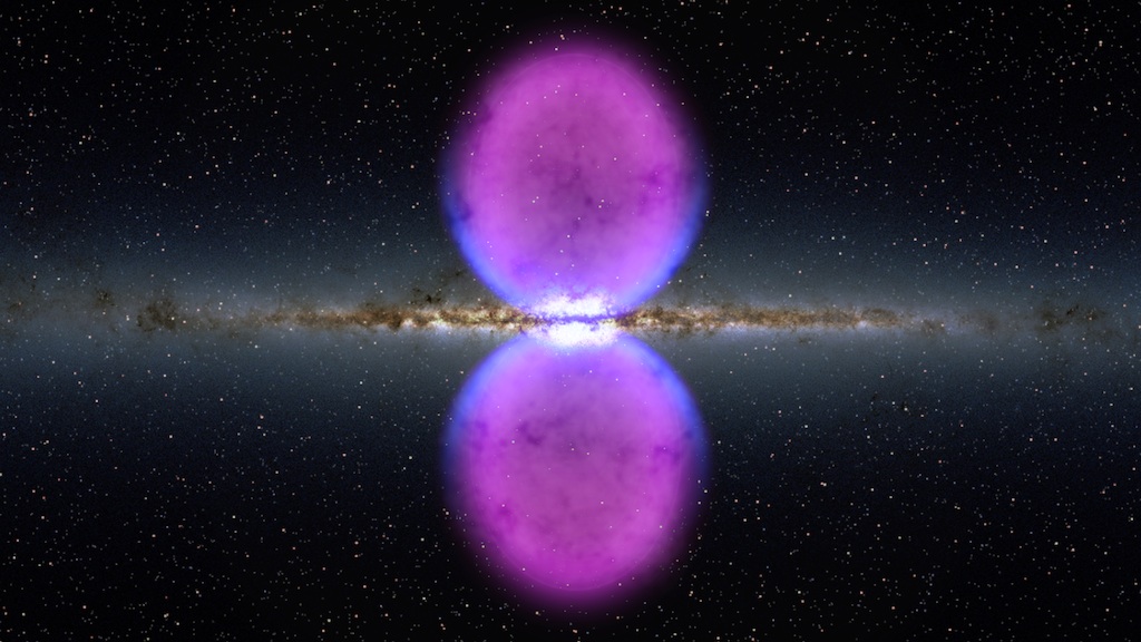 Against the dark background with white dots, fuzzy brown line with a halo splits the image horizontally. Two purple ovals are placed below and above the center of the line. Where the ovals touch the brown line glows in white. The outer edges of the ovals near the brown line glows in blue.