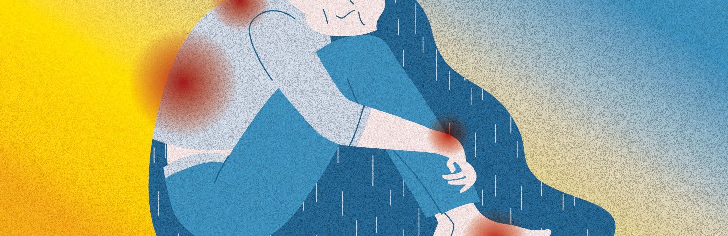 An illustration of a woman with chronic pain in her upper and lower back, wrists and feet