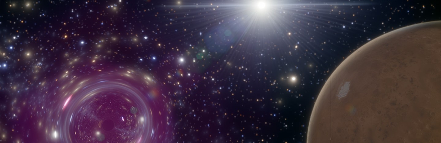 An illustration shows a black hole, indicated by warped light, near a planet in the solar system