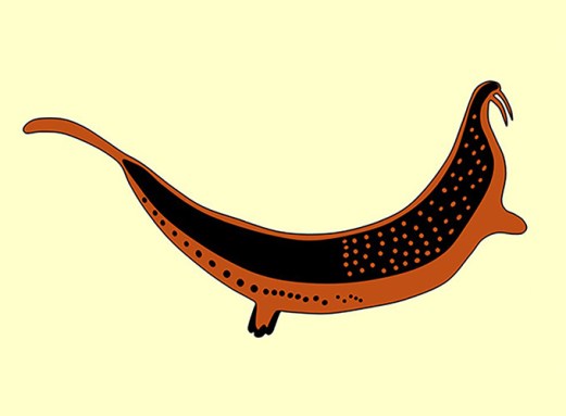 This drawing in black and reddish brown shows an elegonated, speckled creature with what could be two long tusks curving down from its head.