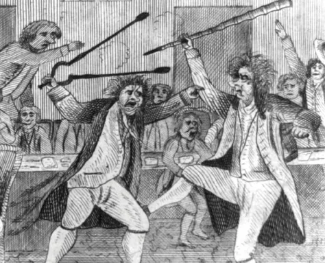 A black-and-white drawing of a fight between two congressmen in 1798