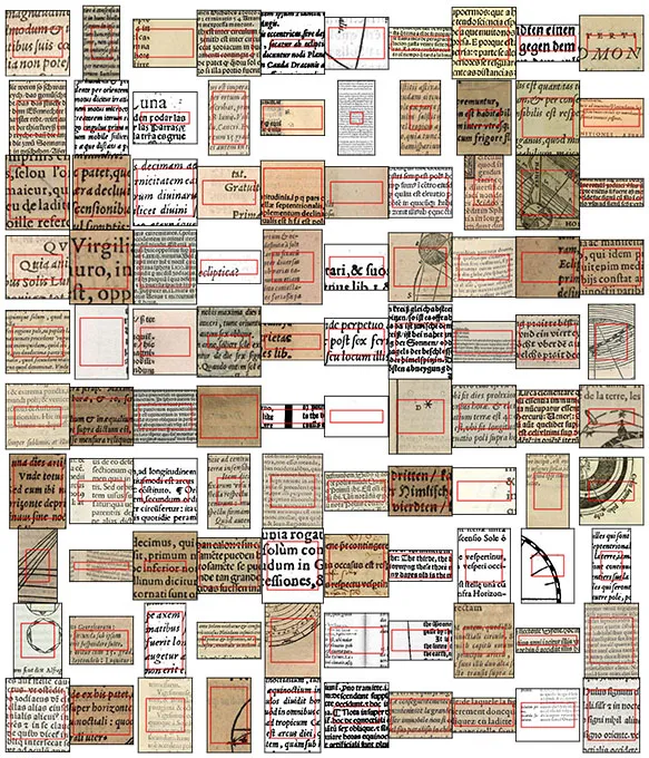 This is a collage of square and rectangular snippets from many astronomy texts from around the 16th century, illustrating how different they looked, including a wide variety of fonts.
