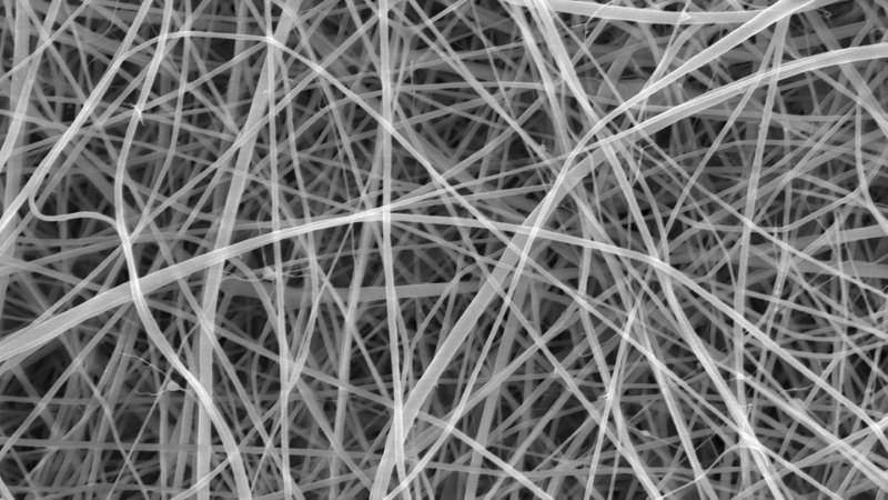 Pasta nanofibers look like a mesh of thin gray fibers.