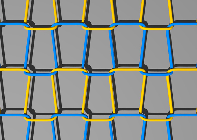 Blue and yellow intertwined threads in a knit are shown as animated lines against a gray background