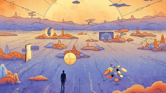 An illustration of a sunrise showing different elements of medical care such a pills, a heart monitor, etc.