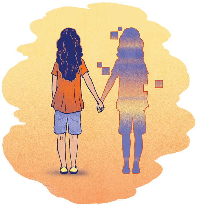 An illustration of someone standing with their "digital twin"