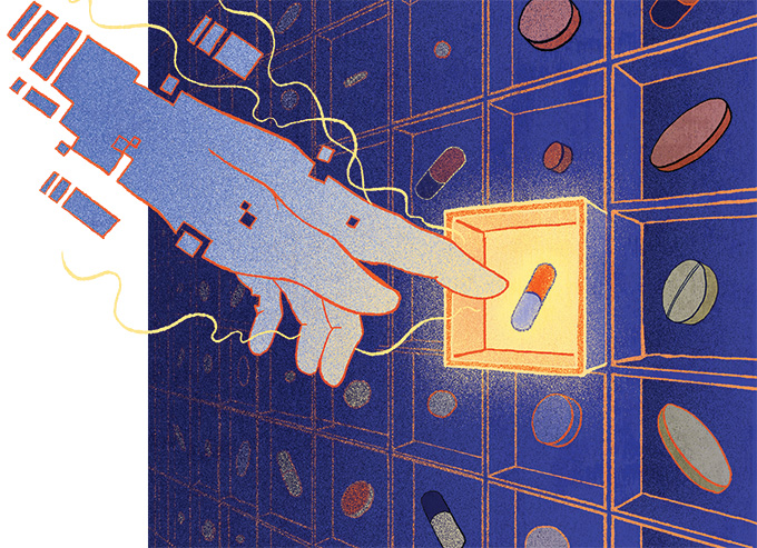 An illustration of a digital cursor selecting a type of antibiotic from a wall menu