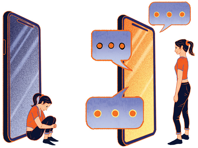 An illustration showing on the left someone crouched alone in front of a large silent phone; on thr right that same person is standing and facing the now-lit screen with chat bubbles around it