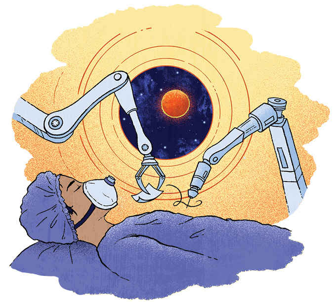 An illustration showing metal arms conducting an operation