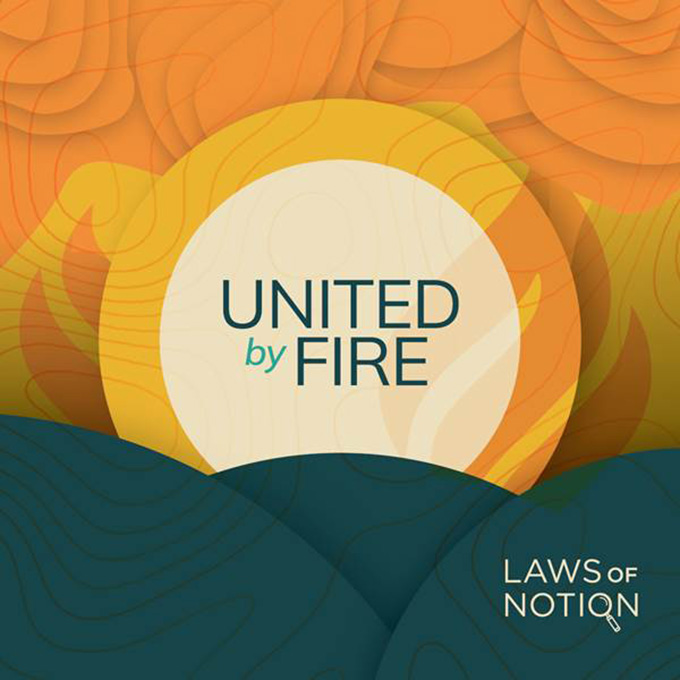 The cover art for the United by Fire podcast with golden and orange circles, and flame icons in the background.