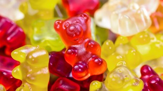 A red gummy bear sits on a jumble of yellow, white and red gummy bears. The red color may be due to Red No. 3, a dye now banned by the FDA.