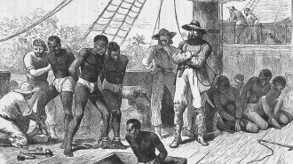 A wood engraving depicts several Black men on the deck of a ship, bound at the wrists and ankles, as several white men look on.
