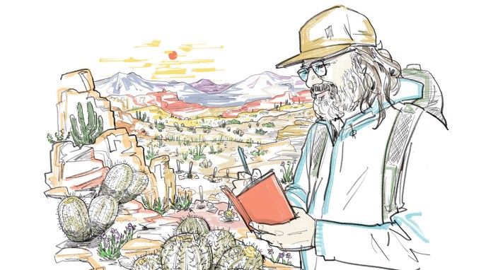 An illustration showing Pablo Guerrero writing in a notebook, surrounded by cacti.