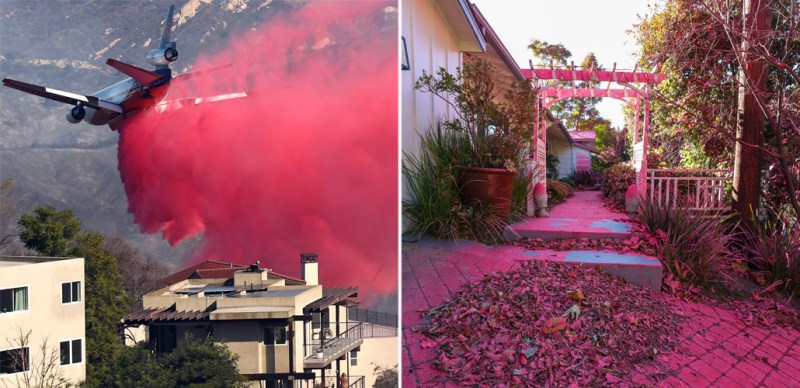 fire retardant being droped left, fire retardant on house and ground right