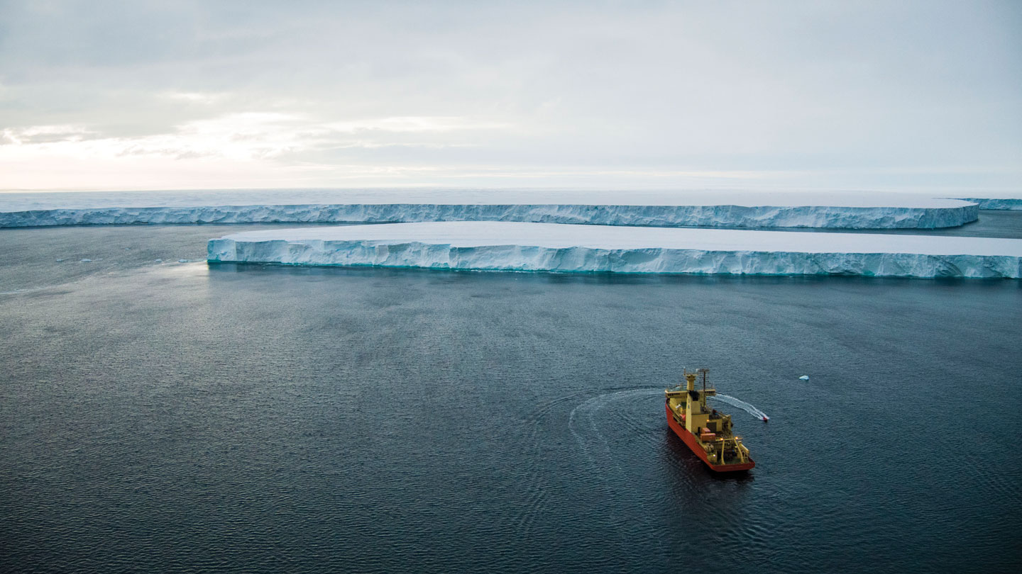 A boat heads toward Pine Island Glacier in Antarctica.