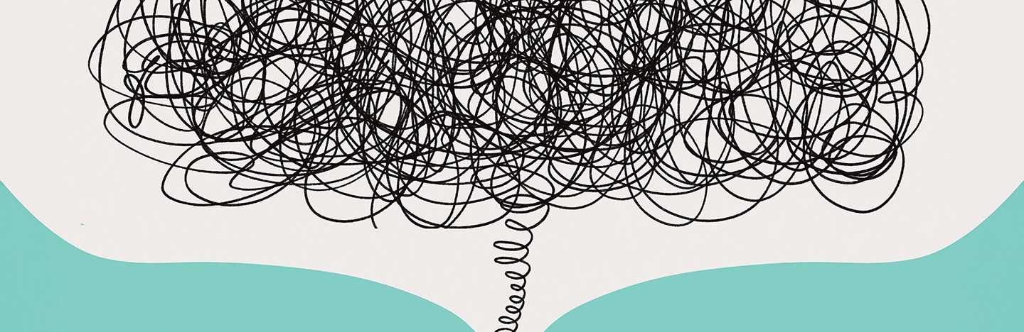 This illustration shows a silhouette of a person with a scribbled cloud rising from their head. Getting stuck in negative thoughts common to many mental health disorders.