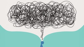 This illustration shows a silhouette of a person with a scribbled cloud rising from their head. Getting stuck in negative thoughts common to many mental health disorders.