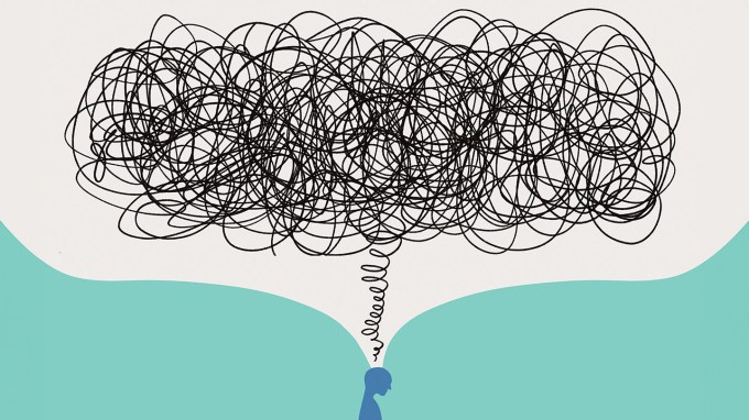 This illustration shows a silhouette of a person with a scribbled cloud rising from their head. Getting stuck in negative thoughts common to many mental health disorders.