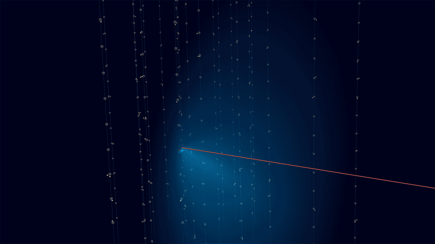 An animation shows a collection of vertical lines strung with small bundles, like beads on strings. A red line cuts horizontally across the vertical lines, moving from right to left. As the red line passes various vertical lines, the small bundles on those lines burst with blue and orange bubbles. The background is deep blue, almost black.