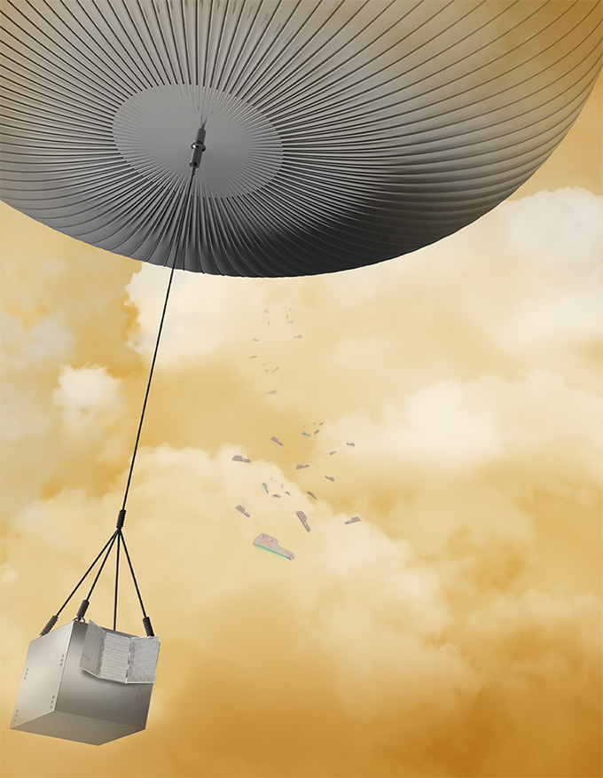 A huge silver balloon fills the top of the image, with a silver cube dangling on a cable below it. Yellow clouds fill the background.